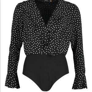 Boohoo Polka Dot Frill Blouse Bodysuit, Size 6